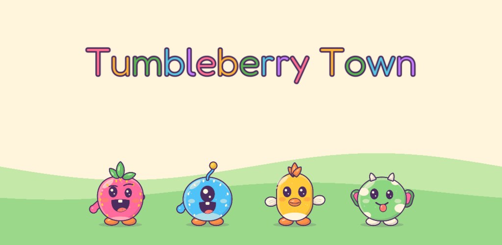 The Tumbleberry Town title with four friendly creatures on green hills